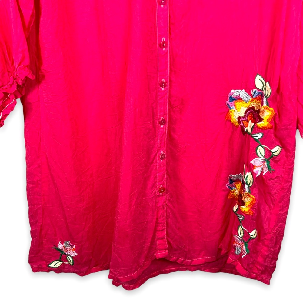 JOHNNY WAS Pink Embroidered Floral Boho Tunic Top Button Up Size Medium - Picture 9 of 12